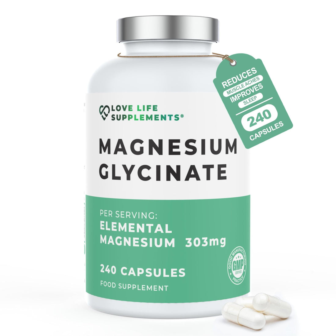 Love Life Supplements Pure Magnesium Glycinate (Bisglycinate), 240 Vegan Capsules, 2 Month Supply, High Strength 300mg Elemental - PrimeBioHealth - canada supplements