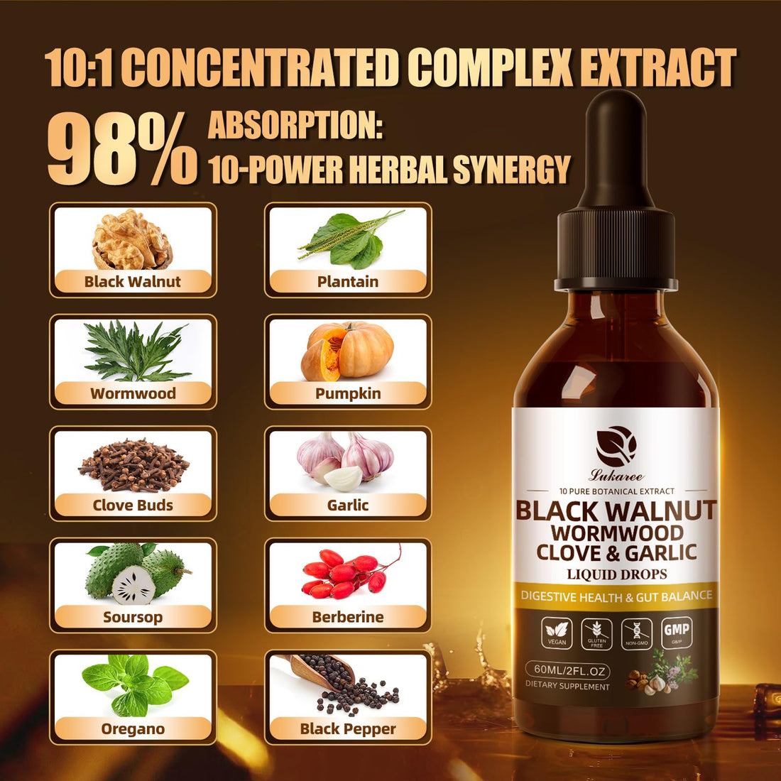 Lukaree Wormwood Black Walnut Clove Cleanse for Humans Tincture – Rapid Gut Detox & Digestive Health with Garlic Pumpkin Seeds Soursop Oregano, 10:1 Ultra-Concentrated Liposomal Tech 98% Absorption - PrimeBioHealth - canada supplements