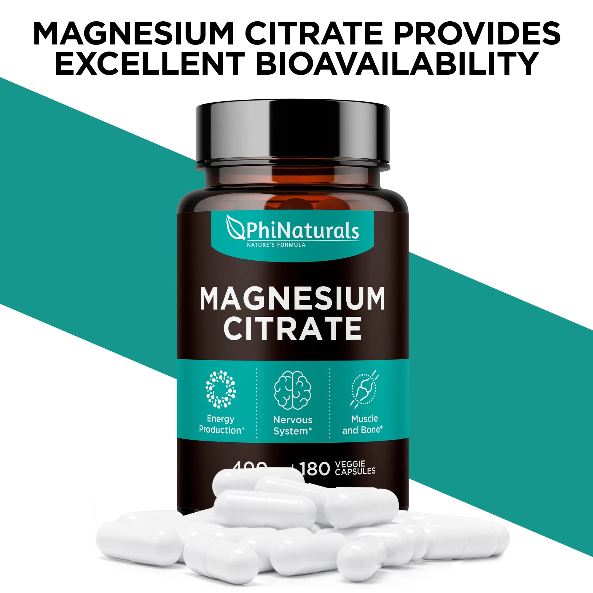 Magnesium Citrate Powder Capsules 400mg - 180 Count Veg Caps - PhiNaturals Supplements - Nervous System Support and Enzyme Function - PrimeBioHealth - canada supplements