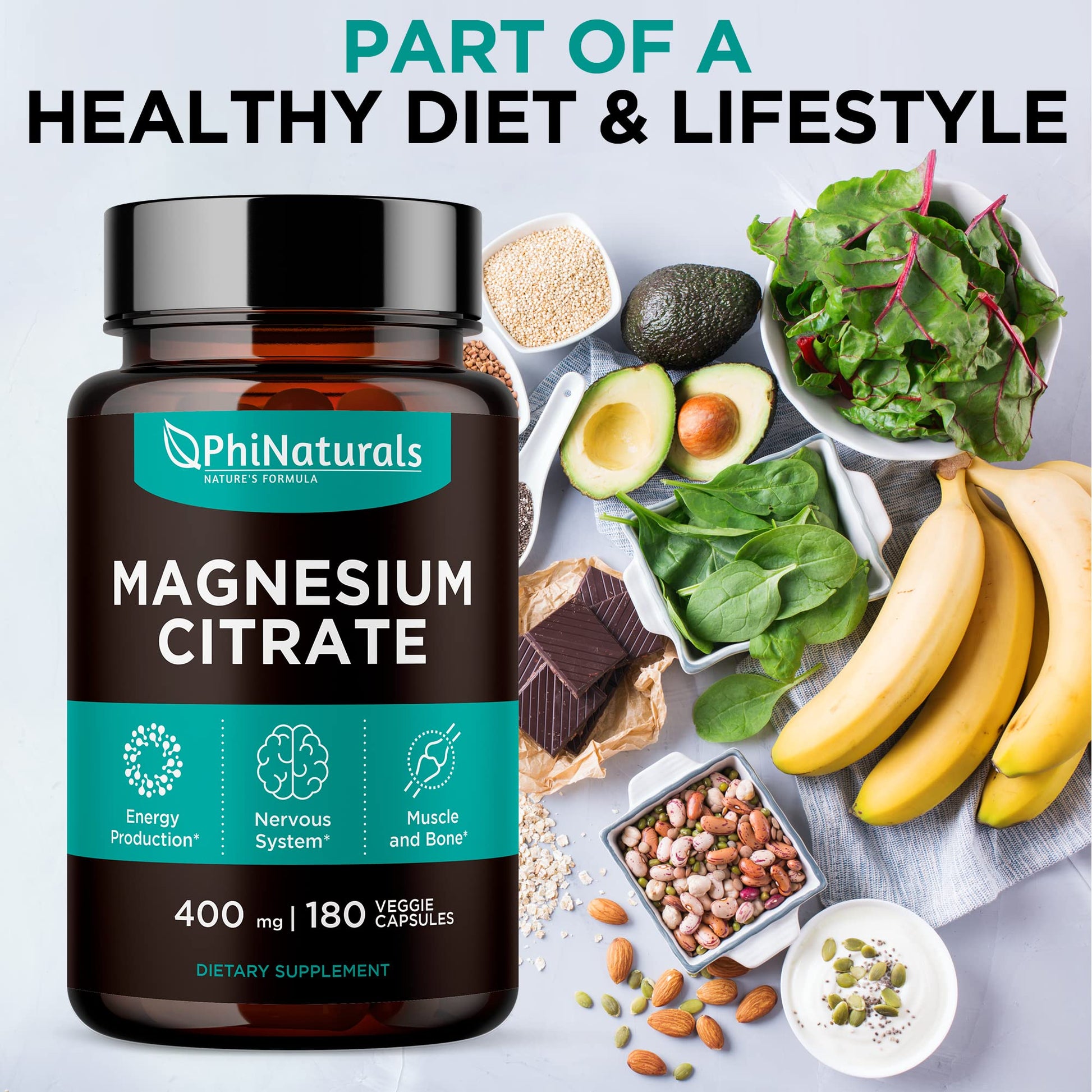 Magnesium Citrate Powder Capsules 400mg - 180 Count Veg Caps - PhiNaturals Supplements - Nervous System Support and Enzyme Function - PrimeBioHealth - canada supplements