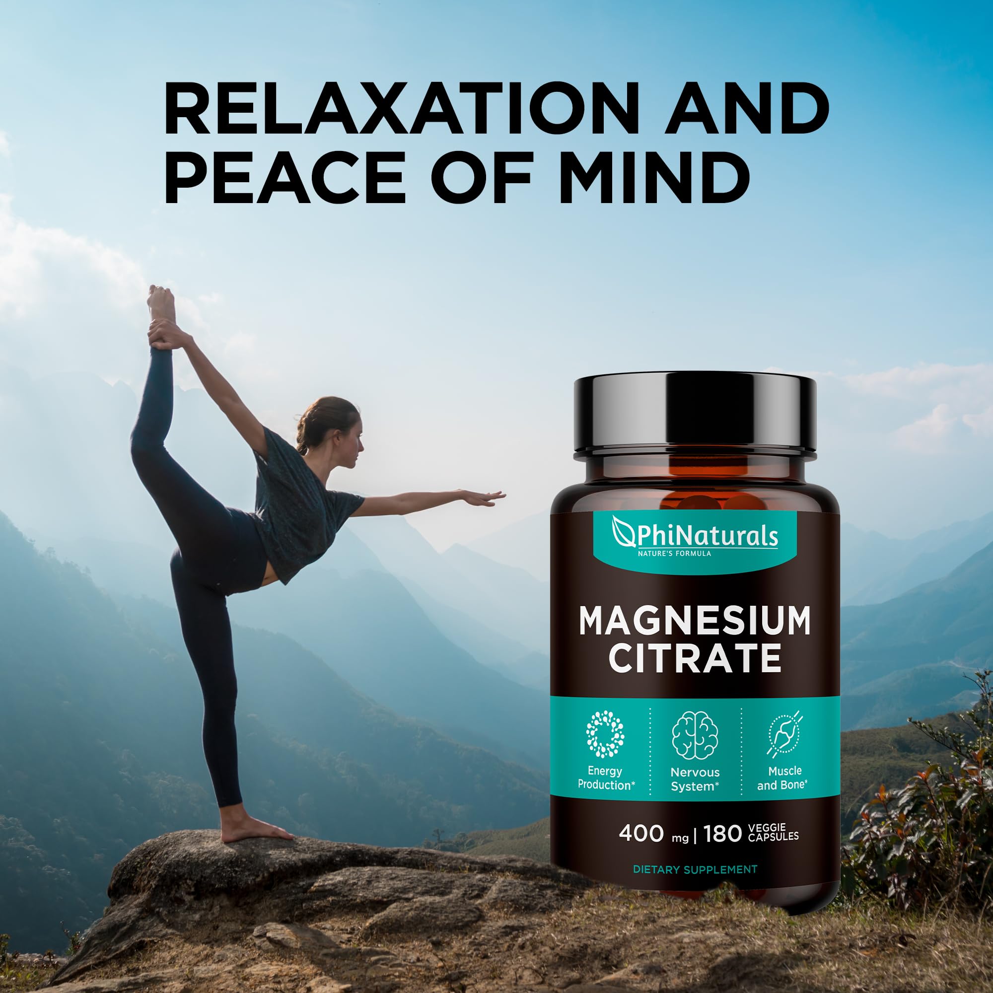 Magnesium Citrate Powder Capsules 400mg - 180 Count Veg Caps - PhiNaturals Supplements - Nervous System Support and Enzyme Function - PrimeBioHealth - canada supplements