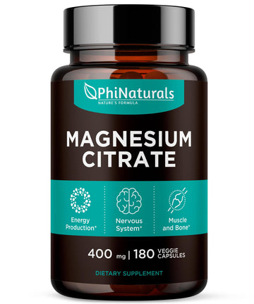 Magnesium Citrate Powder Capsules 400mg - 180 Count Veg Caps - PhiNaturals Supplements - Nervous System Support and Enzyme Function - PrimeBioHealth - canada supplements