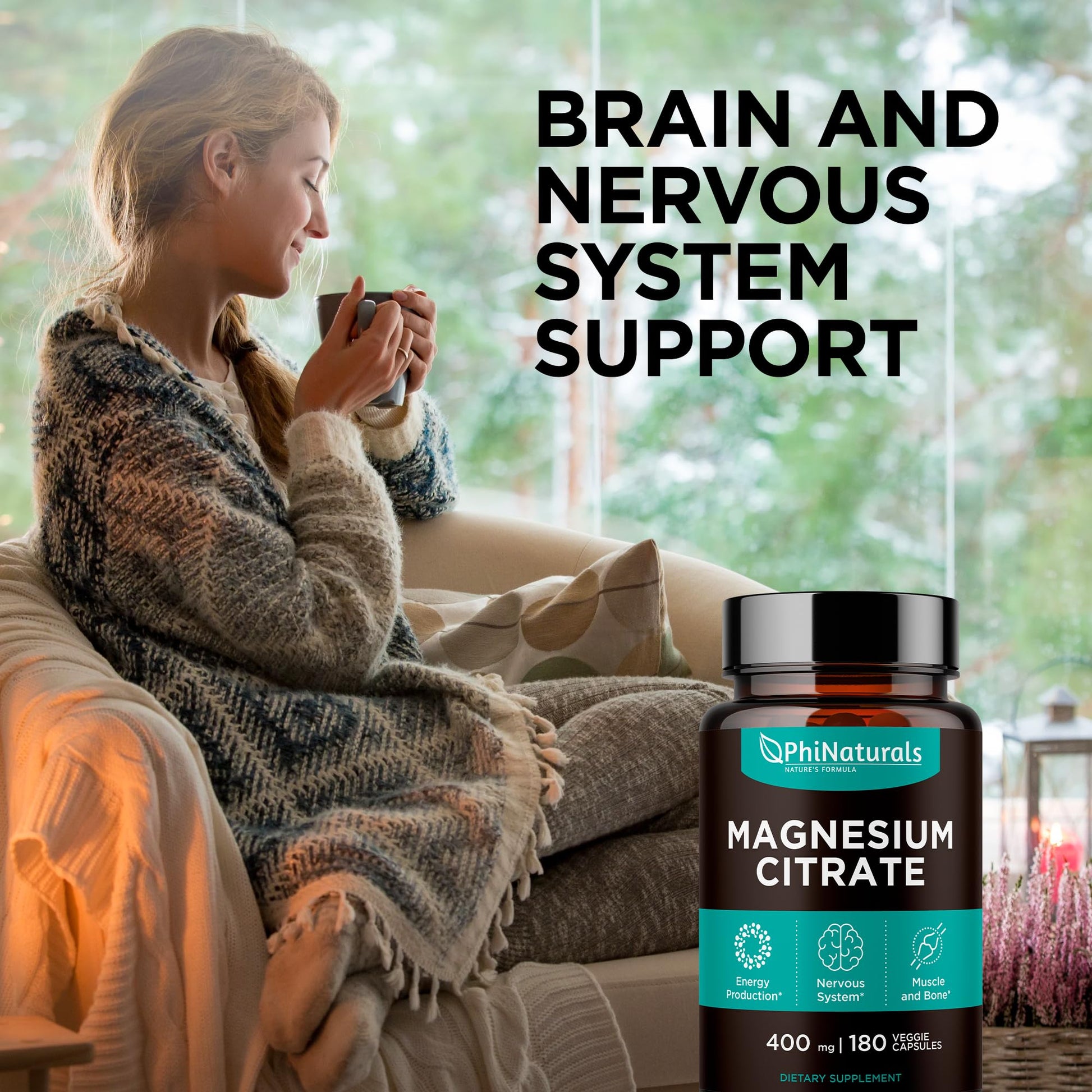 Magnesium Citrate Powder Capsules 400mg - 180 Count Veg Caps - PhiNaturals Supplements - Nervous System Support and Enzyme Function - PrimeBioHealth - canada supplements