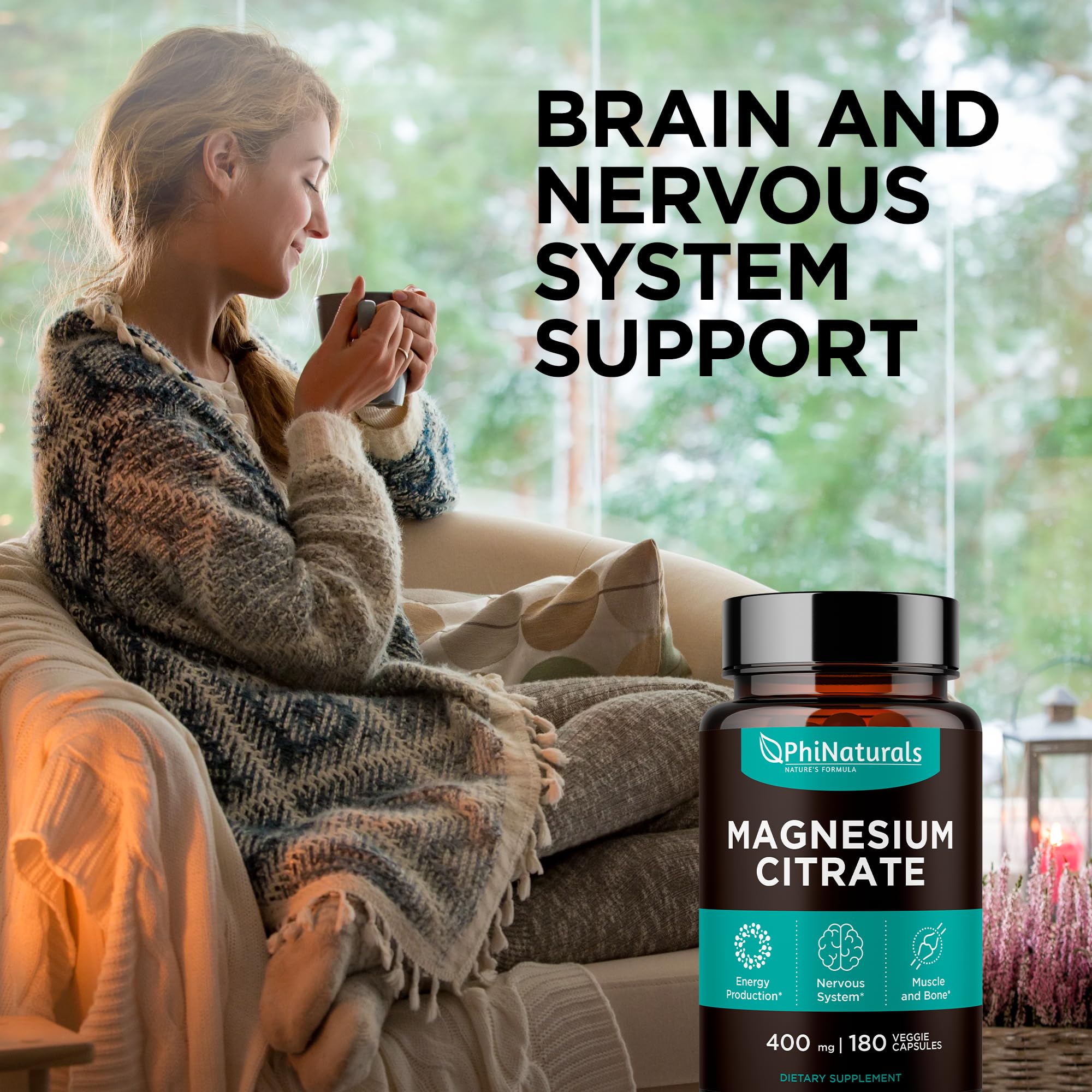 Magnesium Citrate Powder Capsules 400mg - 180 Count Veg Caps - PhiNaturals Supplements - Nervous System Support and Enzyme Function - PrimeBioHealth - canada supplements