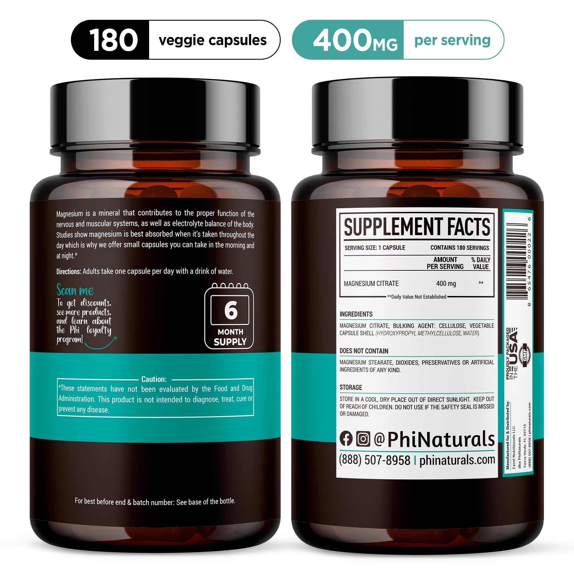 Magnesium Citrate Powder Capsules 400mg - 180 Count Veg Caps - PhiNaturals Supplements - Nervous System Support and Enzyme Function - PrimeBioHealth - canada supplements