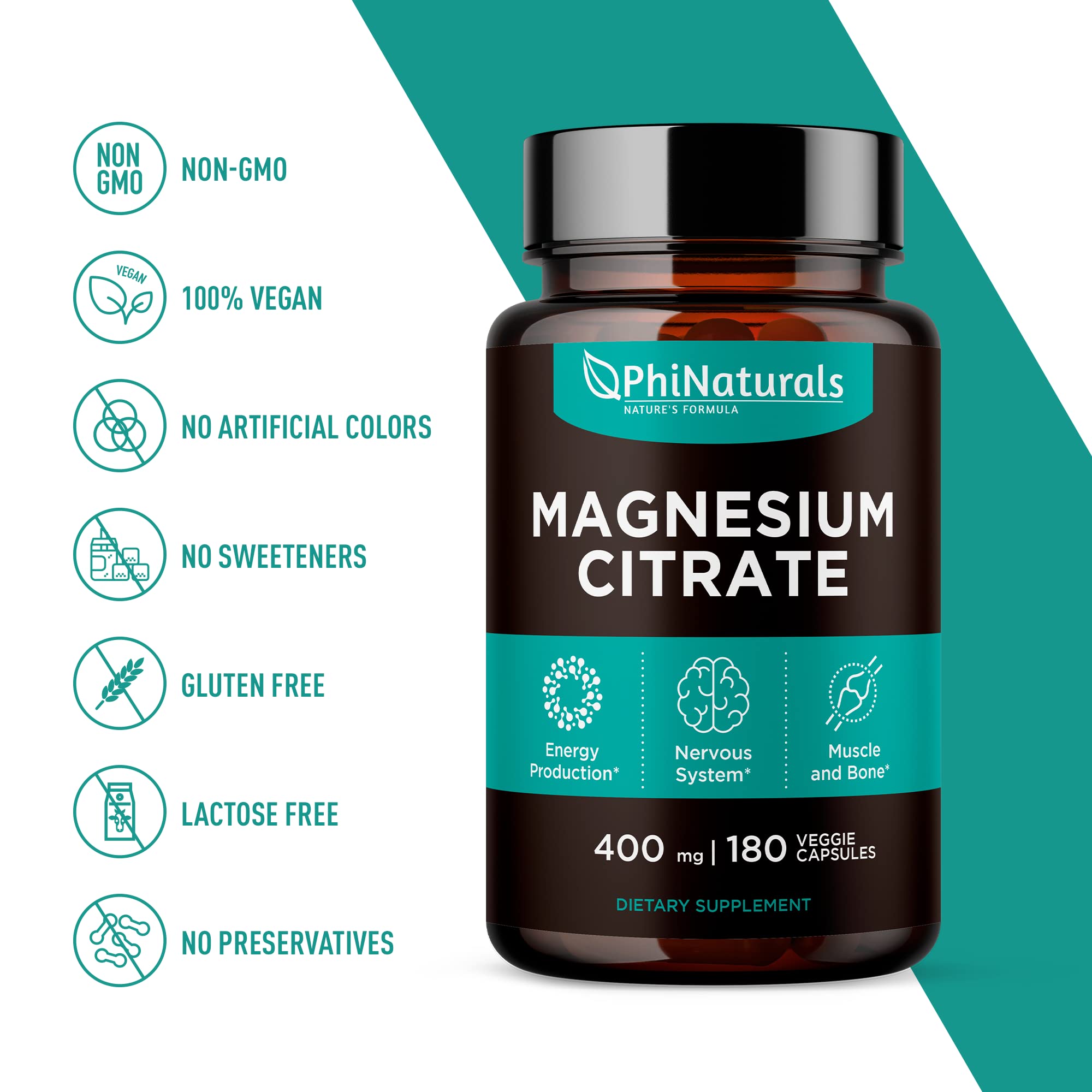 Magnesium Citrate Powder Capsules 400mg - 180 Count Veg Caps - PhiNaturals Supplements - Nervous System Support and Enzyme Function - PrimeBioHealth - canada supplements