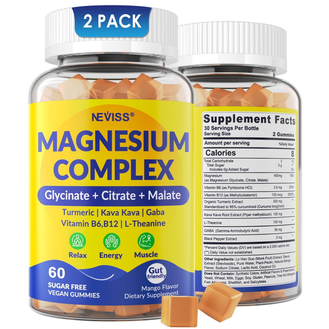 Magnesium Complex Gummies 400mg, Magneisum Glycinate Citrate Malate + Turmeric, GABA, B6 B12, Kava Kava, L-Theanine for Sleep, Calm, Relaxation, Energy - PrimeBioHealth - canada supplements
