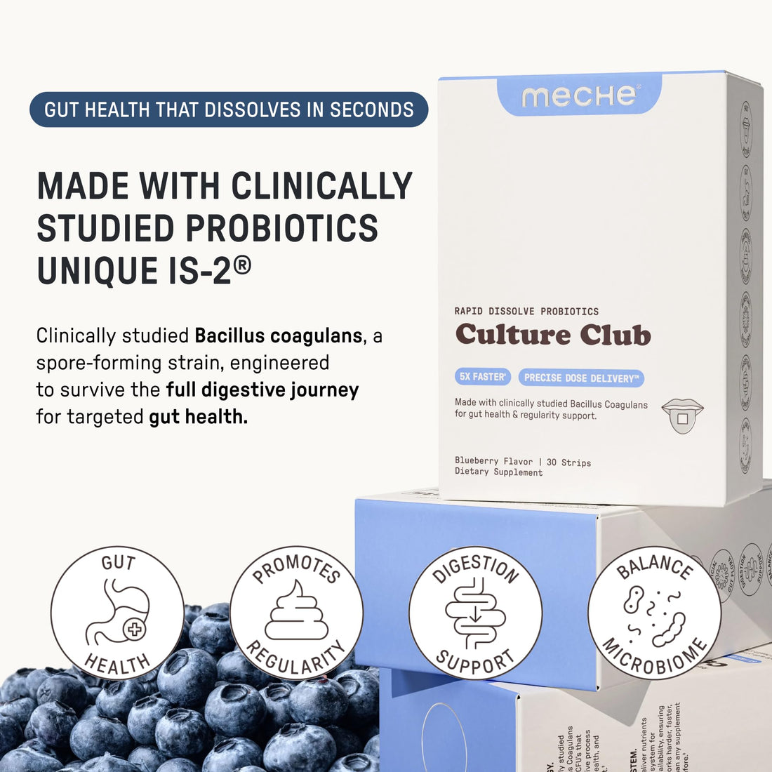 Meche Culture Club Probiotics for Digestive Health and Regularity - 5 Billion CFUs, Probiotics for Women and Men - Gut Health Supplements - Dissolve Strips - PrimeBioHealth - canada supplements