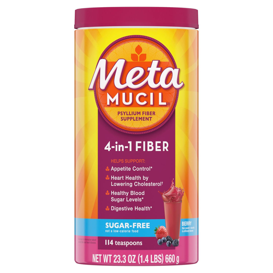 Metamucil, 4-in-1 Fiber Supplement, Psyllium Husk Powder, Sugar-Free Powder, Berry Flavored Drink, 114 Servings - PrimeBioHealth - canada supplements