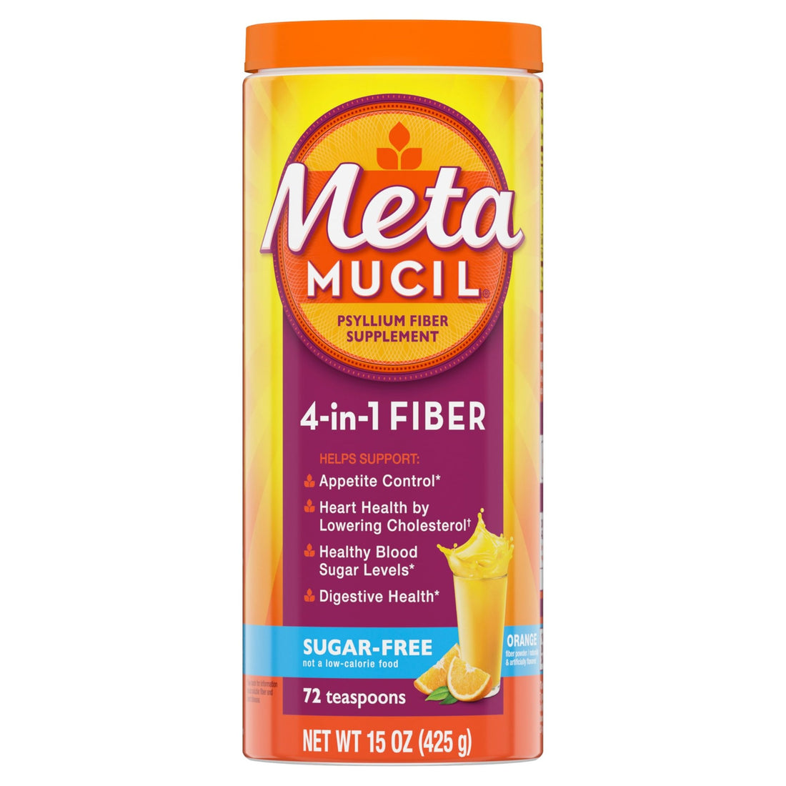 Metamucil 4-in-1 Psyllium Husk Friendly Fiber Supplement, Sugar-Free, 72 teaspoons, Orange Flavored, Daily Fiber Powder for Digestive Health - PrimeBioHealth - canada supplements