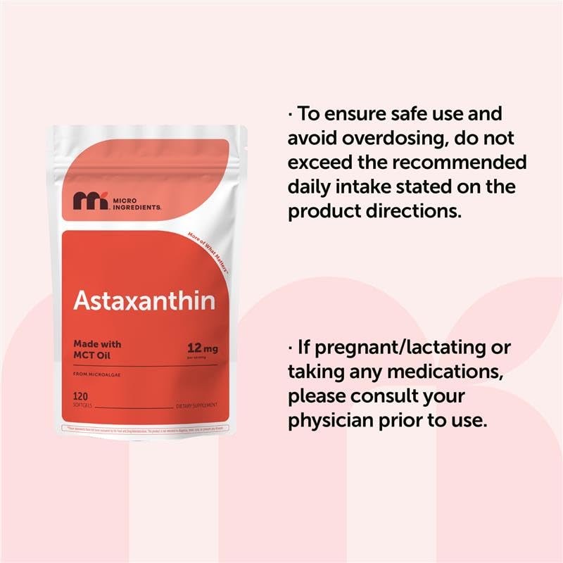 Micro Ingredients Astaxanthin 12mg with MCT Oil, 120 Softgels, 4 Month Supply | Premium Astaxanthin Antioxidant Supplements* | Fresh Microalgae Source - PrimeBioHealth - canada supplements