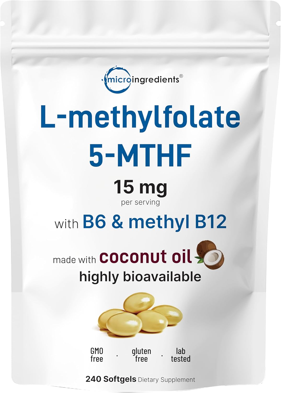 Micro Ingredients L Methylfolate 15mg, 240 Softgels | Active 5-MTHF with B6 & Methyl B12 | Methylated Vitamin B9 with Coconut Oil - PrimeBioHealth - canada supplements