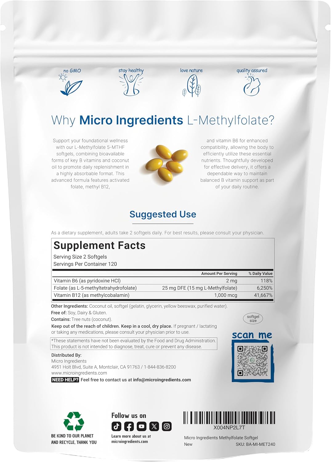 Micro Ingredients L Methylfolate 15mg, 240 Softgels | Active 5-MTHF with B6 & Methyl B12 | Methylated Vitamin B9 with Coconut Oil - PrimeBioHealth - canada supplements