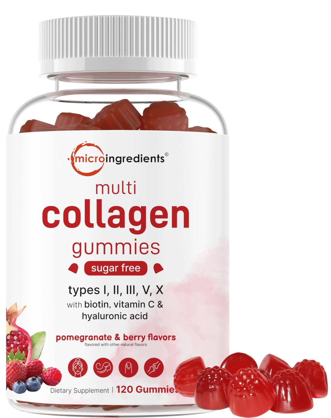 Micro Ingredients Multi Collagen Peptides, 120 Collagen Gummies | Type I,II,III,V,X Protein with Biotin, Hyaluronic Acid, & Vitamin C Complex | Pomegranate & Berry Flavored - PrimeBioHealth - canada supplements