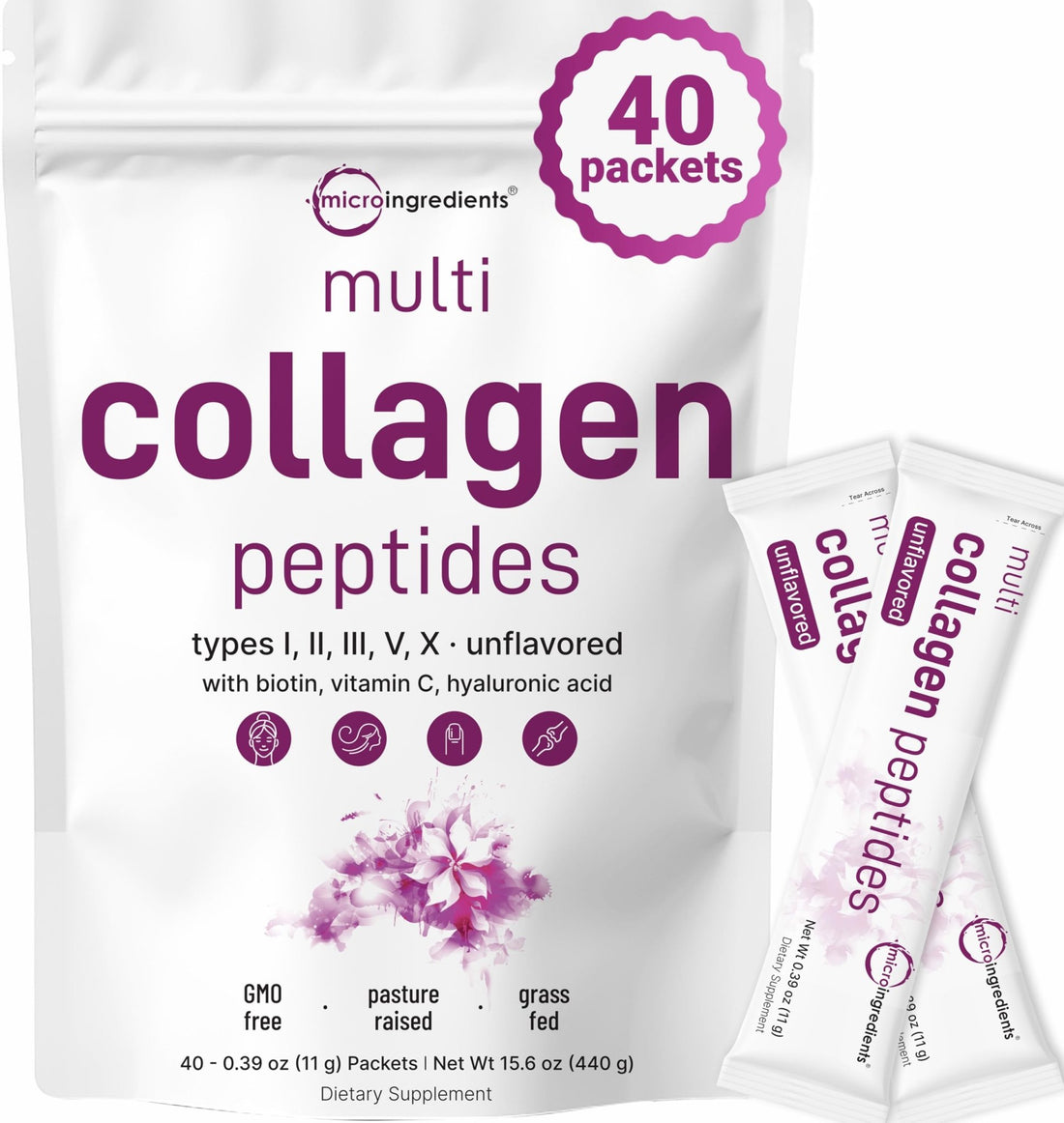 Micro Ingredients Multi Collagen Peptides Powder, 40 Stick Packs | Type I, II, III, V, X + Biotin, Vitamin C & Hyaluronic Acid | Unflavored - PrimeBioHealth - canada supplements