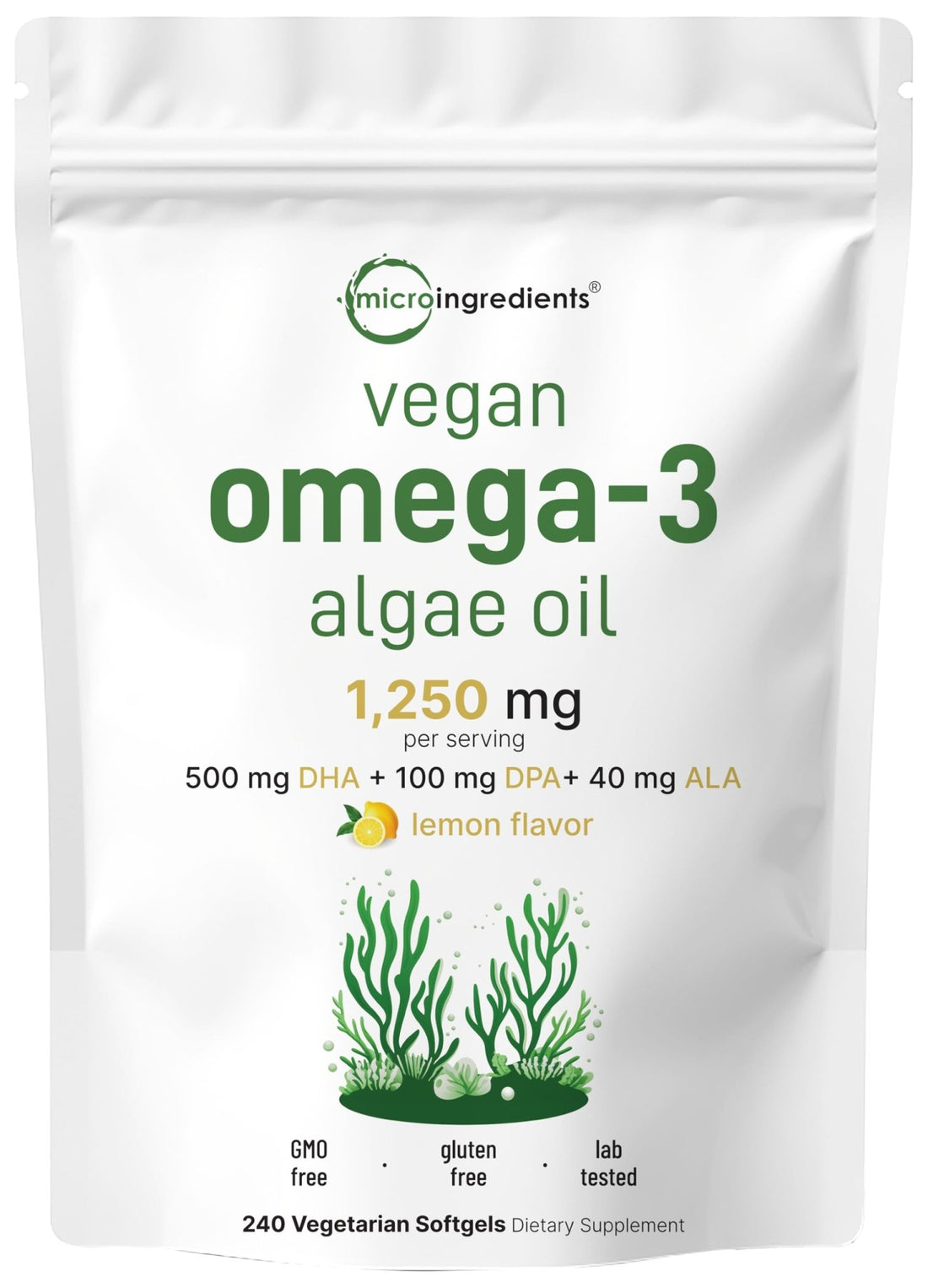 Micro Ingredients Vegan Omega 3 Algae Oil, 240 Veggie Softgels | Fish Oil Alternative | DHA 500mg & DPA 100mg | Carrageenan Free | Plant-Based Omega 3 - PrimeBioHealth - canada supplements