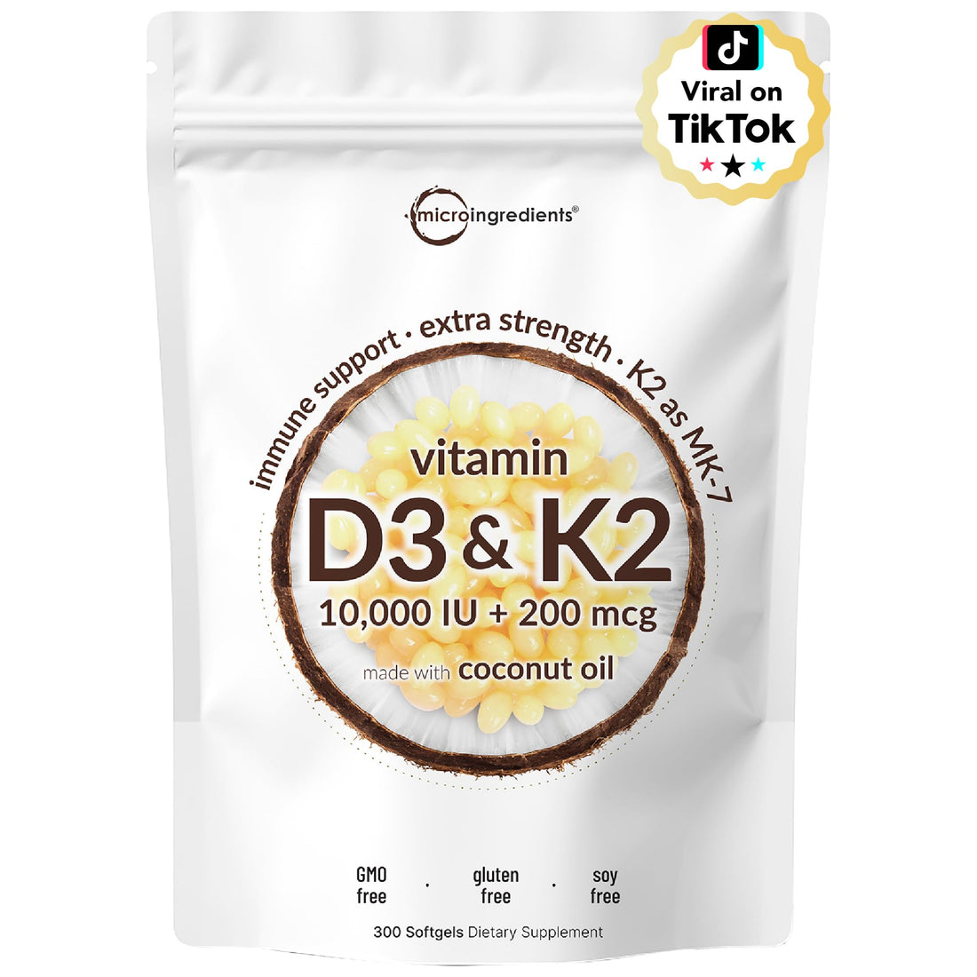 Micro Ingredients Vitamin D3 10,000 IU + K2 MK-7 200 mcg, 300 Softgels with Virgin Coconut Oil | 2-in-1 Vitamins D & K Complex - PrimeBioHealth - canada supplements