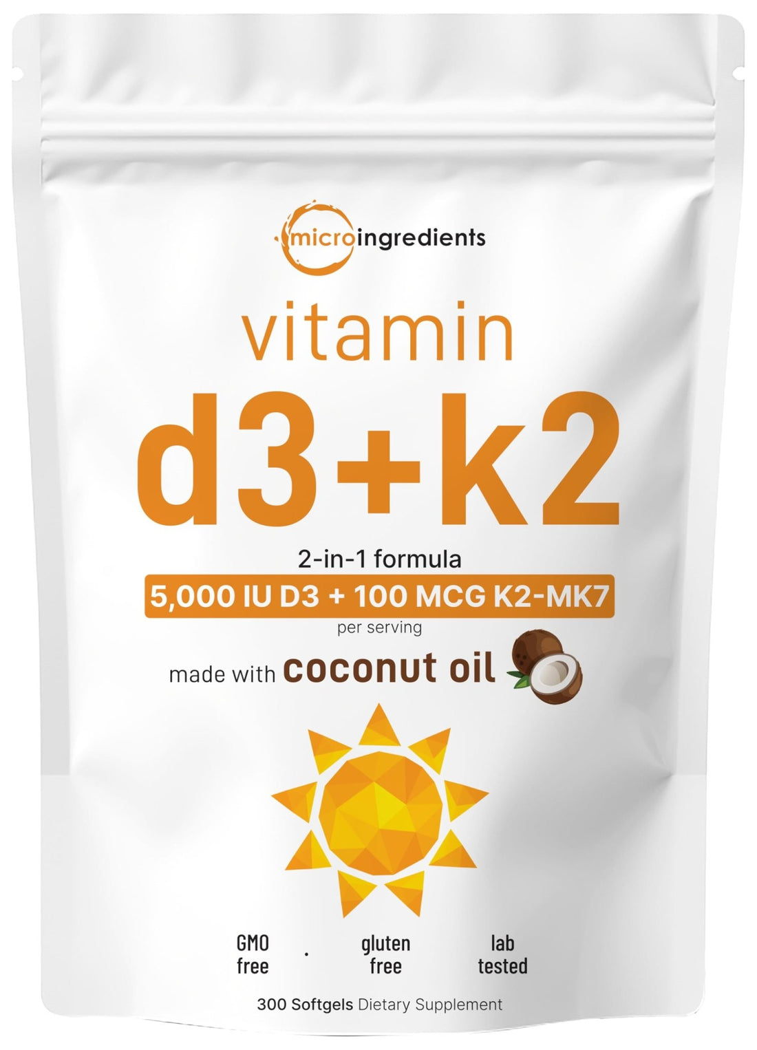 Micro Ingredients Vitamin D3 5,000 IU + K2 MK-7 100 mcg, 300 Softgels | Virgin Coconut Oil | 2-in-1 Support - PrimeBioHealth - canada supplements
