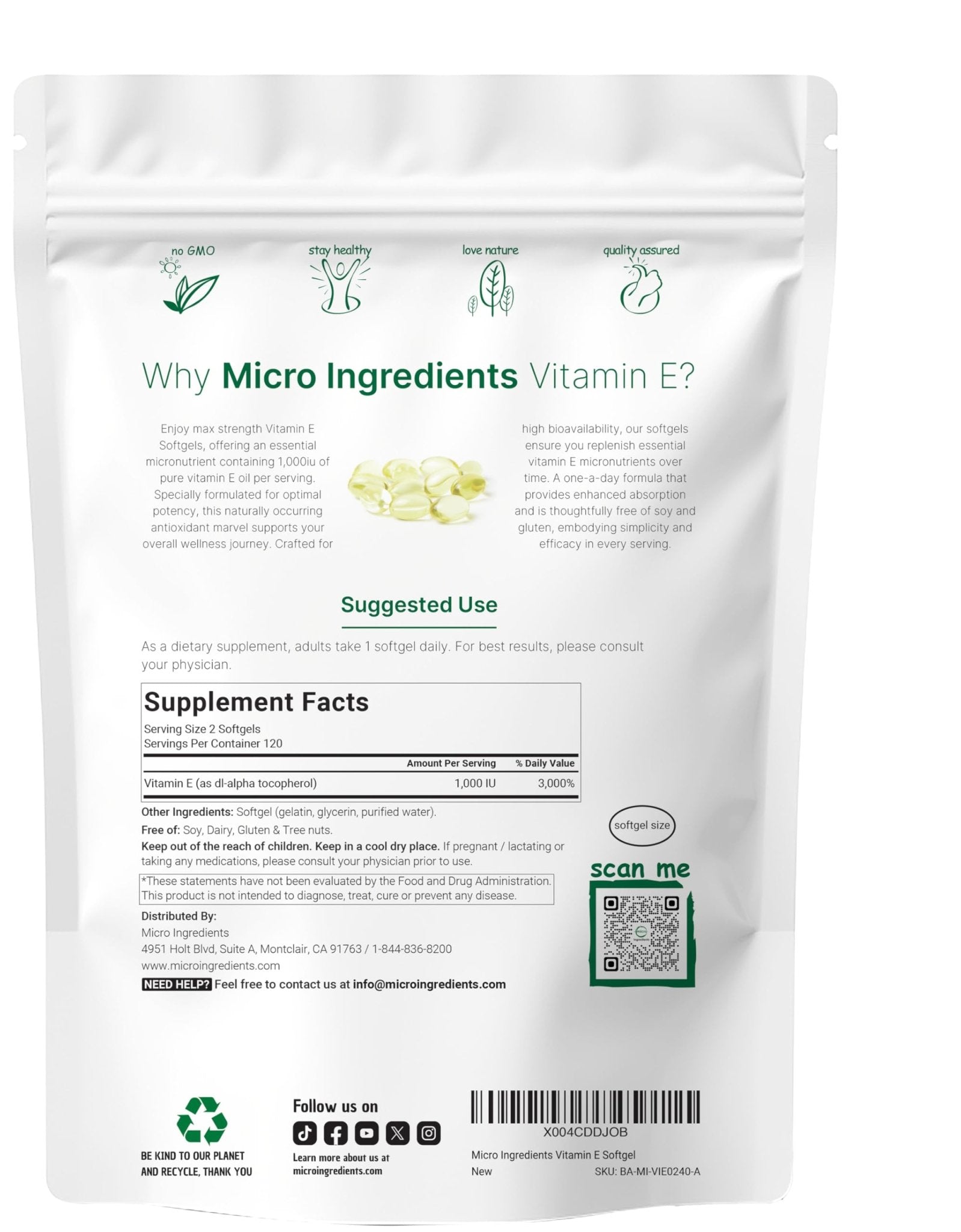 Micro Ingredients Vitamin E 1000 IU, 240 Softgels | Pure Vitamin E Oil Pills | Antioxidant Supplements for Skin and Face | Non-GMO, Gluten Free - PrimeBioHealth - canada supplements