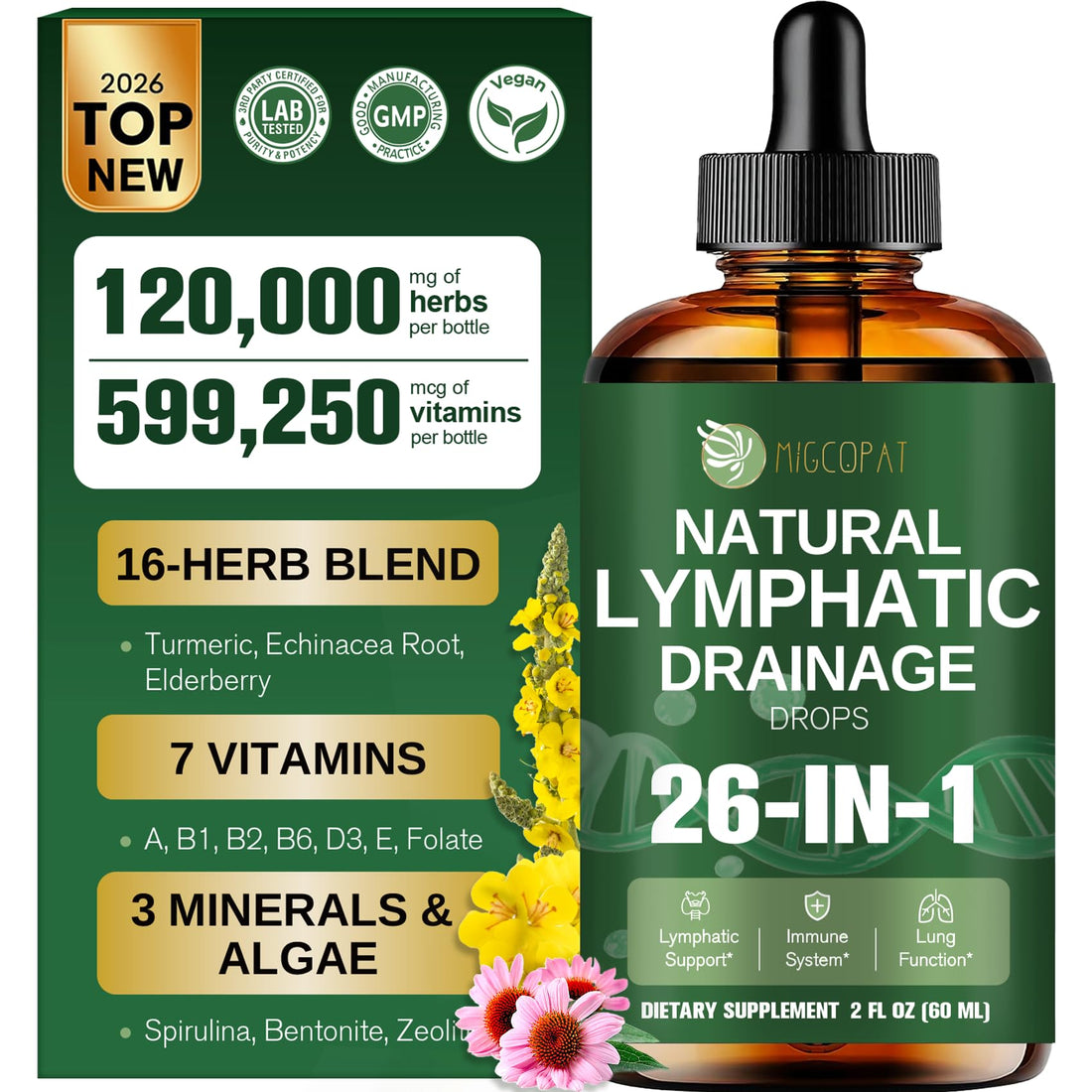 Migcopat 26-in-1 Liposomal Lymphatic Drainage Drops, Echinacea, Turmeric, Elderberry, Dandelion, Vitamins and Mullein Drops for Lungs, Lymphatic - PrimeBioHealth - canada supplements