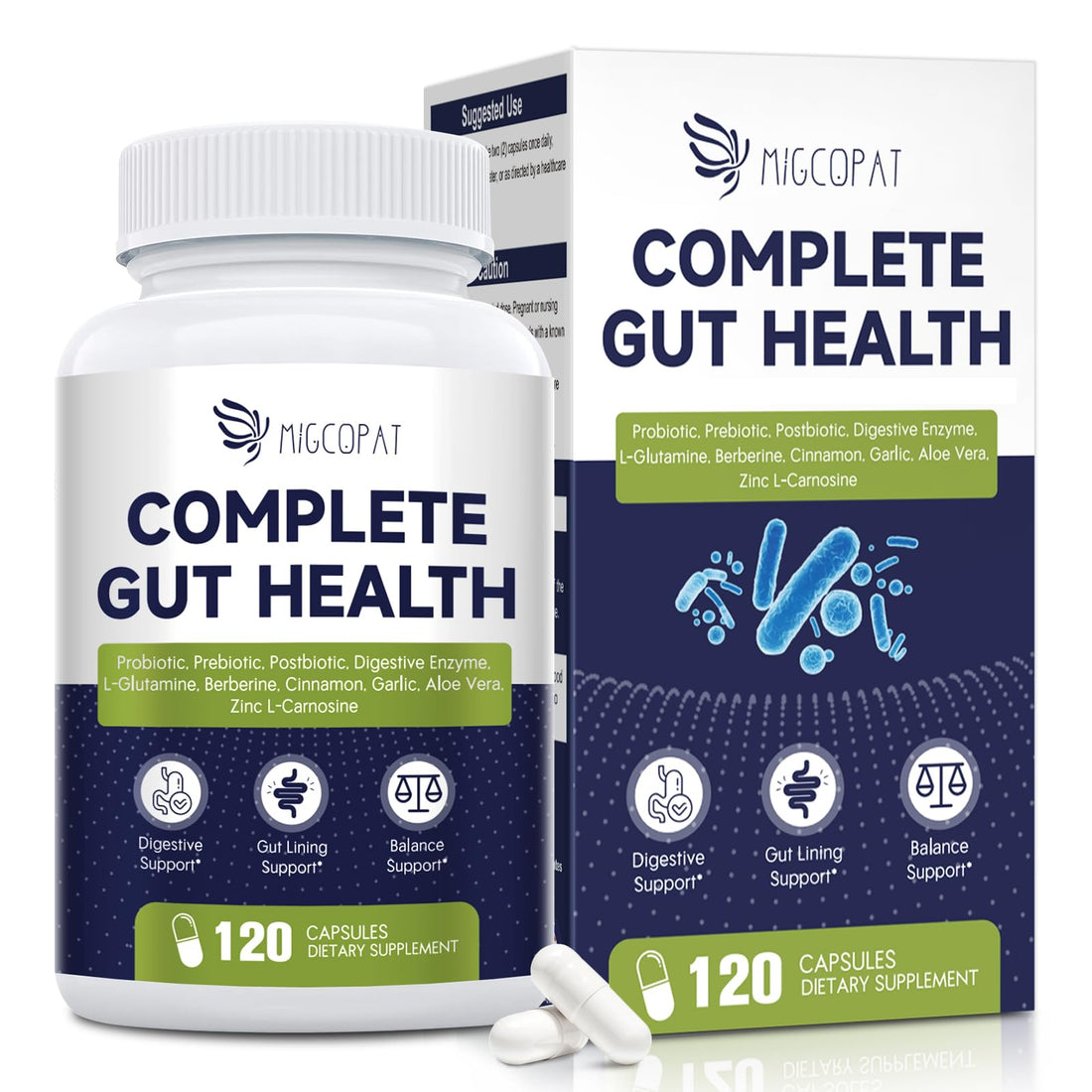 Migcopat Probiotic Prebiotic, Postbiotic & Digestive Enzymes for Digestive Health, 80 Billion CFU Probiotics Complete Gut Support with Berberine, Cinnamon, L-Glutamine - PrimeBioHealth - canada supplements