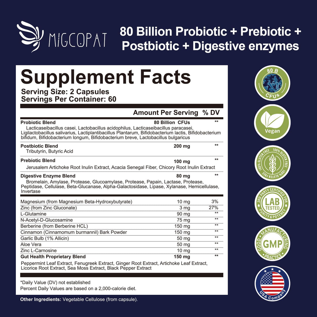 Migcopat Probiotic Prebiotic, Postbiotic & Digestive Enzymes for Digestive Health, 80 Billion CFU Probiotics Complete Gut Support with Berberine, Cinnamon, L-Glutamine - PrimeBioHealth - canada supplements