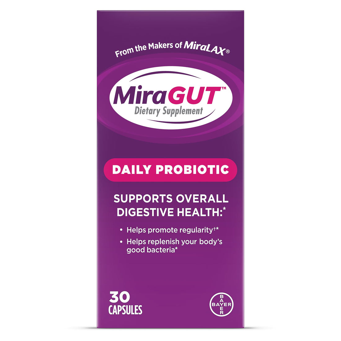 MiraGUT Daily Probiotic, from the Makers of MiraLAX, Probiotics for Digestive Health, Gluten-Free Supplement, Probiotic for Women and Men - PrimeBioHealth - canada supplements