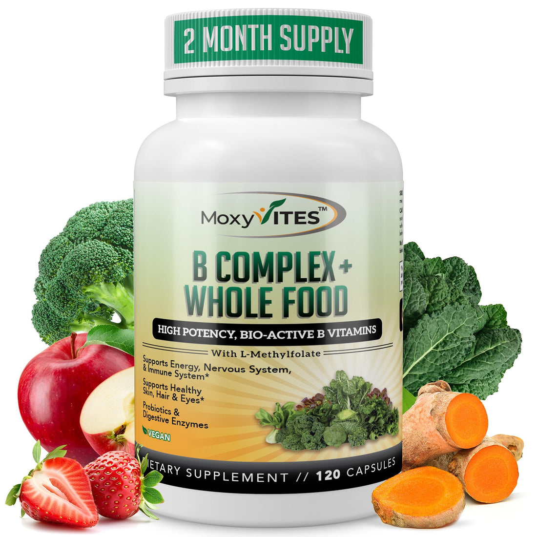 MoxyVites Vitamin B Complex - B Vitamins Whole Food Supplement, B12 Methylcobalamin, B1, B2, B3, B5, B6, B7, B9 - for Stress - PrimeBioHealth - canada supplements
