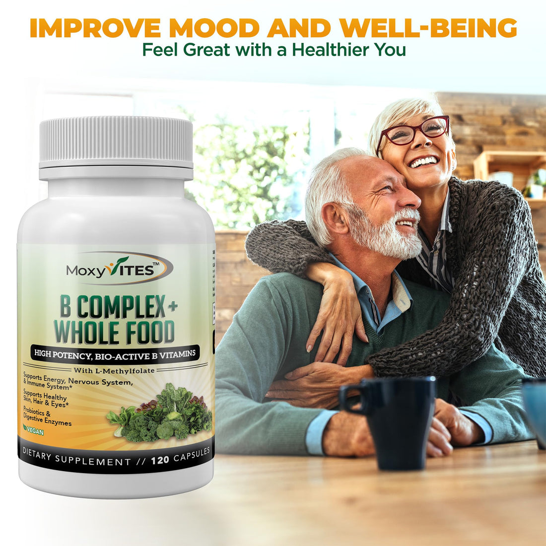 MoxyVites Vitamin B Complex - B Vitamins Whole Food Supplement, B12 Methylcobalamin, B1, B2, B3, B5, B6, B7, B9 - for Stress - PrimeBioHealth - canada supplements