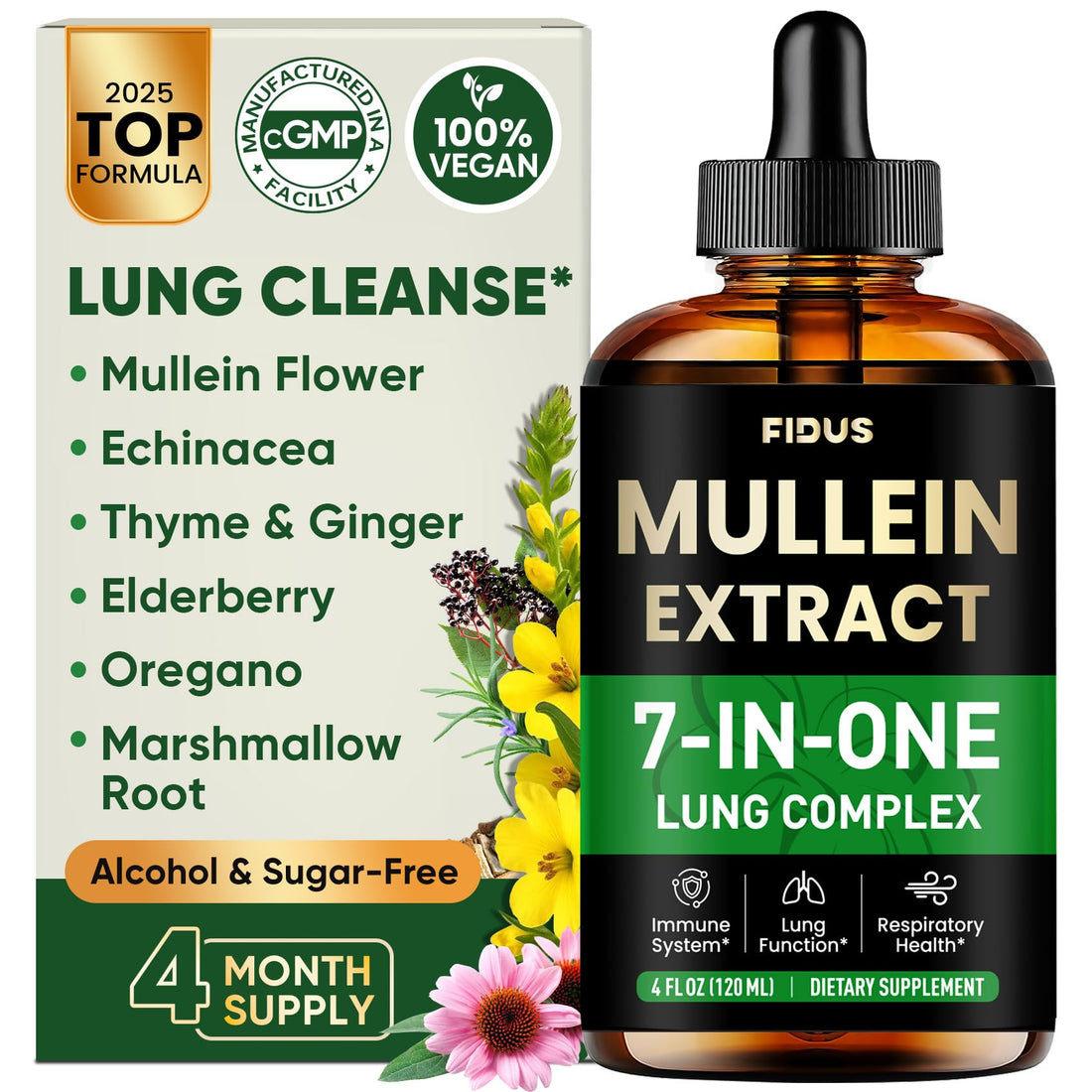 Mullein Drops for Lungs, 120 Servings - Mullein Leaf with 7 Herbs Echinacea, Oregano, Ginger, Elderberry, Marshmallow Root & Thyme - Lung Detox for Smokers - PrimeBioHealth - canada supplements