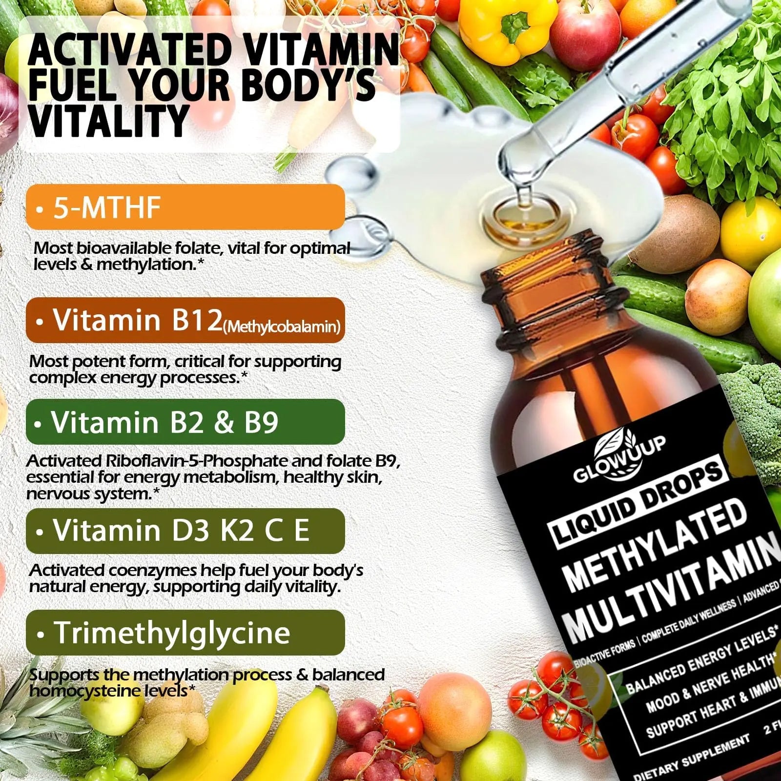 Multivitamin for Women & Men, Methylated Multivitamins & Multiminerals liquid Drops with Methylfolate B12 B2 Vitamin C E D3 K2 - PrimeBioHealth - canada supplements