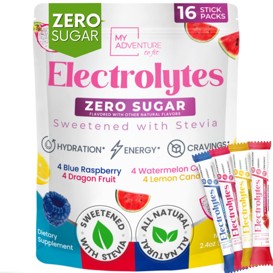 My Adventure to Fit Electrolytes Powder Packets – 16 Sugar-Free Hydration Packets, Potassium Supplement, Watermelon Candy, Blue Raspberry, Lemon Candy, Dragon Fruit - PrimeBioHealth - canada supplements