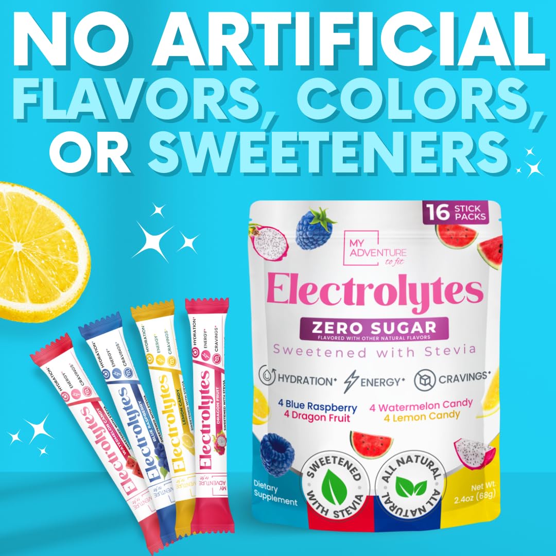 My Adventure to Fit Electrolytes Powder Packets – 16 Sugar-Free Hydration Packets, Potassium Supplement, Watermelon Candy, Blue Raspberry, Lemon Candy, Dragon Fruit - PrimeBioHealth - canada supplements