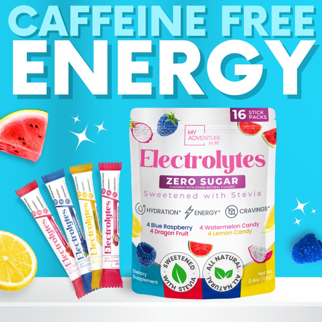 My Adventure to Fit Electrolytes Powder Packets – 16 Sugar-Free Hydration Packets, Potassium Supplement, Watermelon Candy, Blue Raspberry, Lemon Candy, Dragon Fruit - PrimeBioHealth - canada supplements