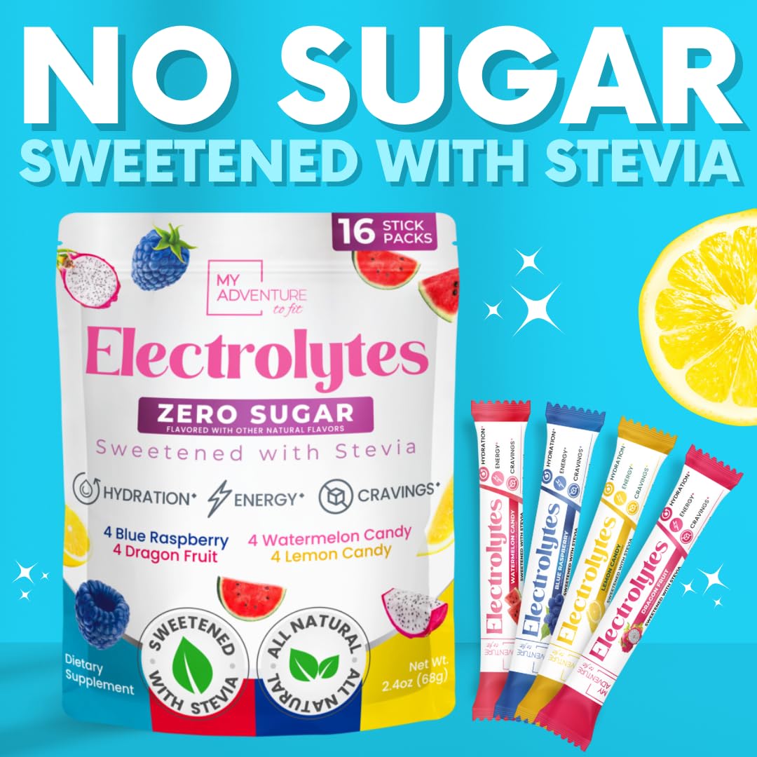 My Adventure to Fit Electrolytes Powder Packets – 16 Sugar-Free Hydration Packets, Potassium Supplement, Watermelon Candy, Blue Raspberry, Lemon Candy, Dragon Fruit - PrimeBioHealth - canada supplements