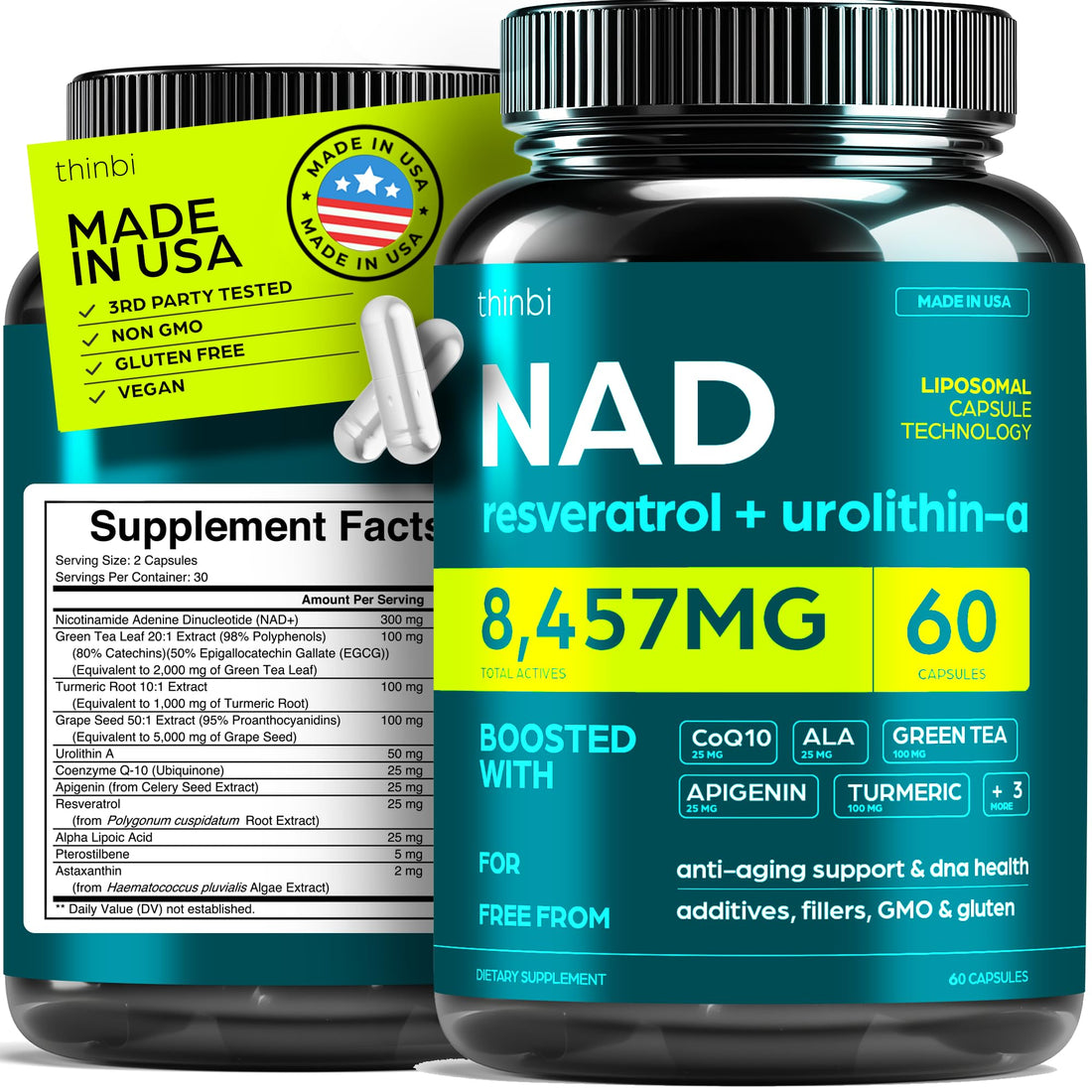 NAD Supplement 8457mg Extra Strength NMN Alternative Liposomal + Green Tea for Women & Men w/Urolithin A, Resveratrol, CoQ10, Alpha Lipoic Acid. - PrimeBioHealth - canada supplements