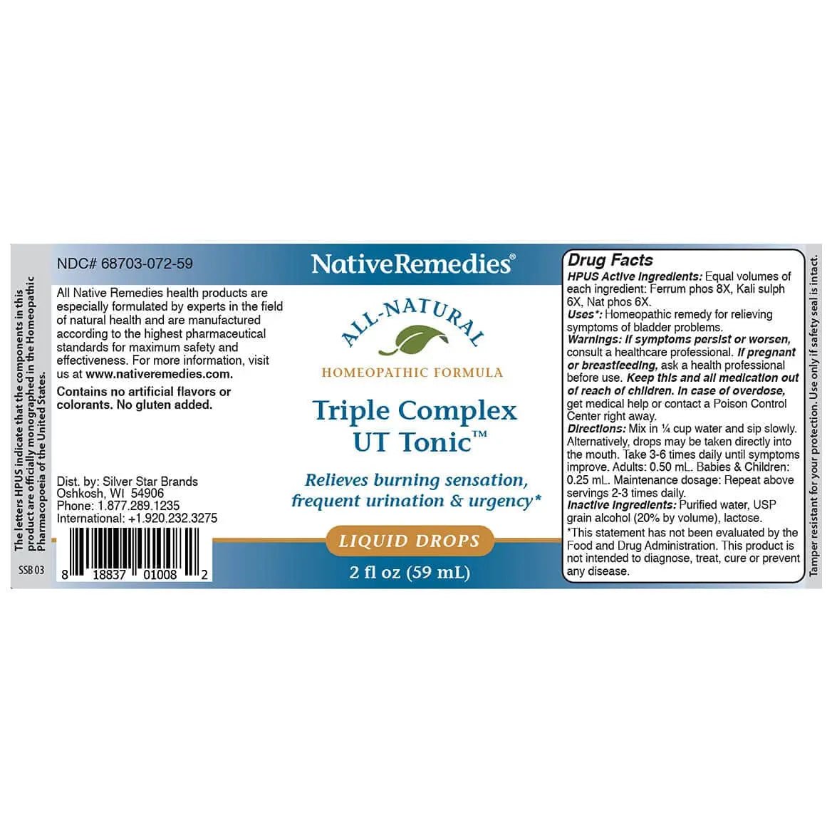 Native Remedies Triple Complex UT Tonic - Natural Homeopathic Formula to Relieve Bladder Irritation, Burning Sensation, Frequent Urination and Urgency - 59 mL - PrimeBioHealth - canada supplements