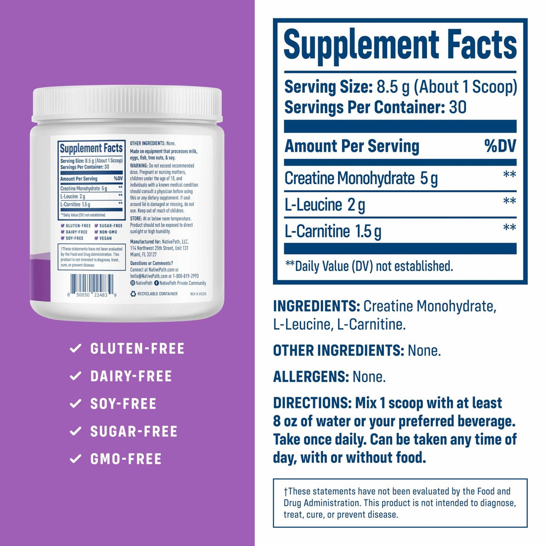 NativePath Creatine Monohydrate Powder with L-Leucine & L-Carnitine - Muscle Building Supplement for Men & Women - 30 Servings (Pack of 2) - PrimeBioHealth - canada supplements