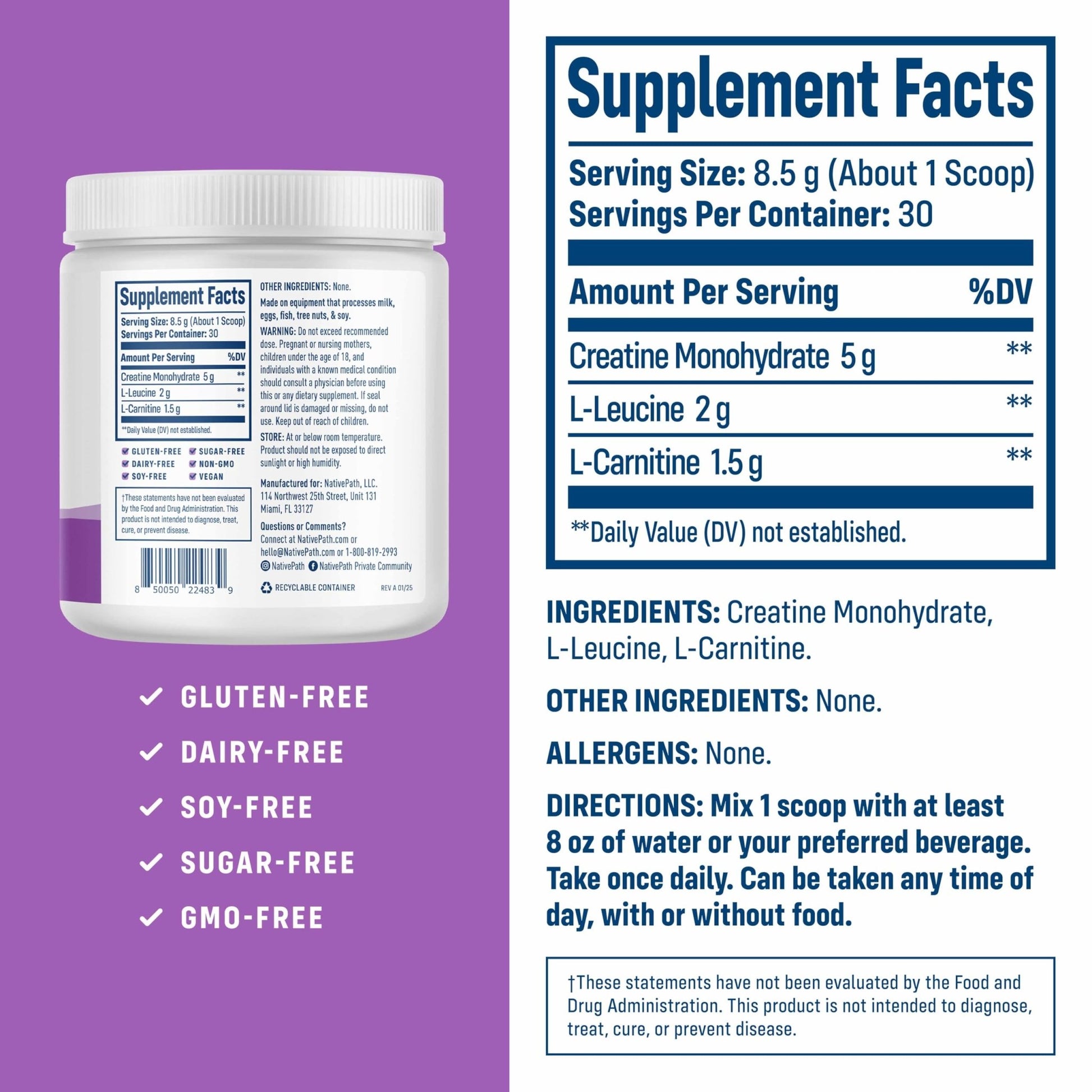 NativePath Creatine Monohydrate Powder with L-Leucine & L-Carnitine - Muscle Building Supplement for Men & Women - 30 Servings (Pack of 2) - PrimeBioHealth - canada supplements
