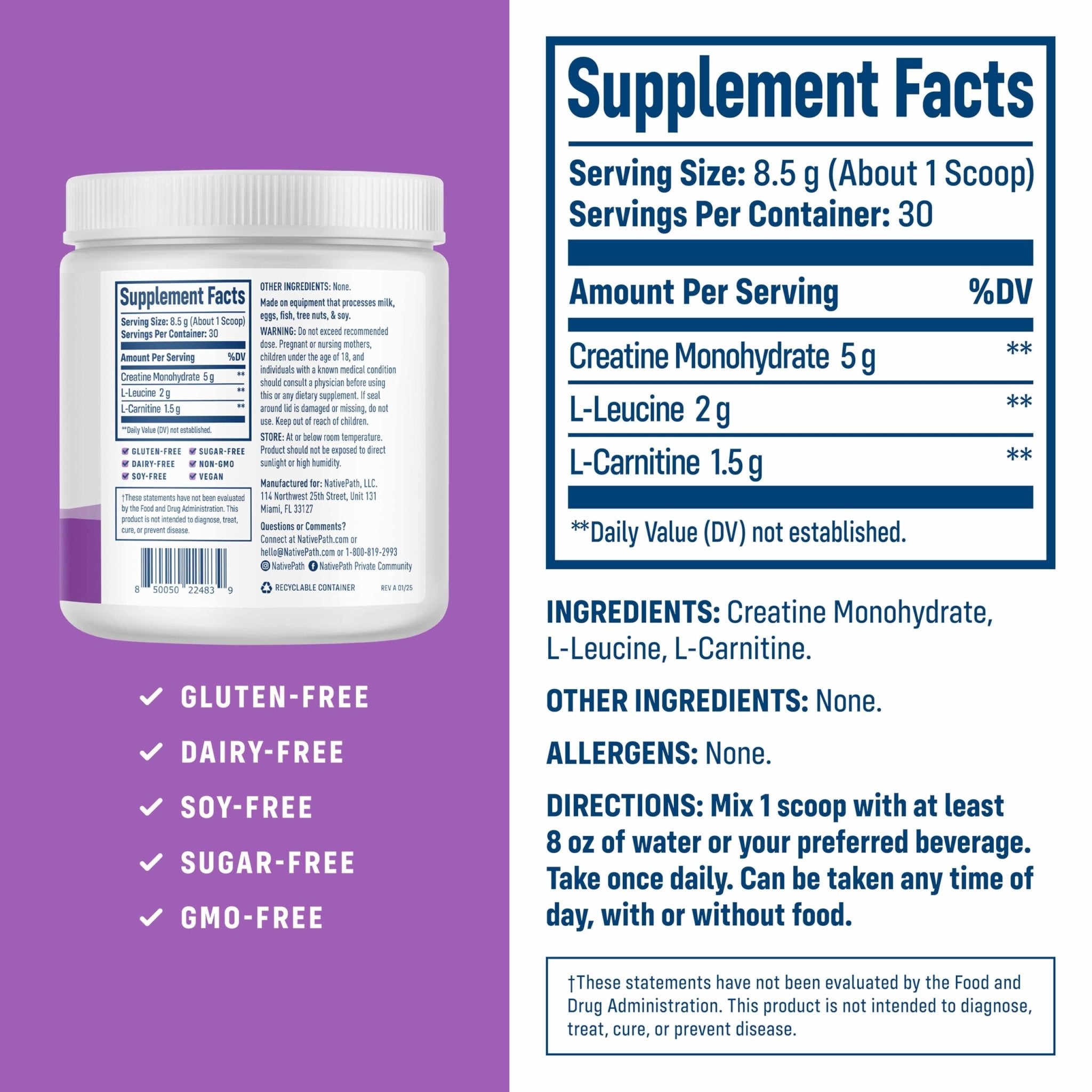 NativePath Creatine Monohydrate Powder with L-Leucine & L-Carnitine - Muscle Building Supplement for Men & Women - 30 Servings (Pack of 2) - PrimeBioHealth - canada supplements