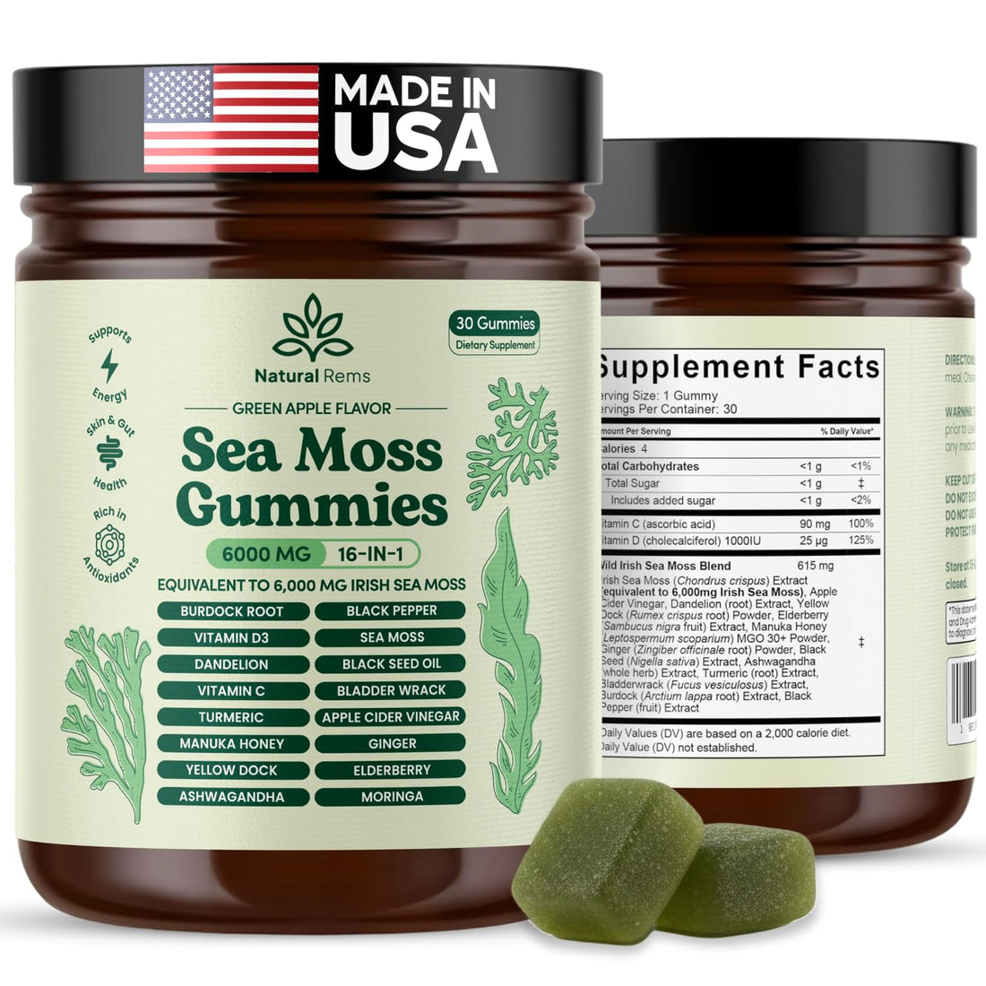 Natural Rems Sea Moss Gummies 16-in-1 - Ashwagandha Black Seed Oil Bladder Wrack Turmeric Vitamin C & D3 with Manuka Burdock Root Dandelion Yellow - PrimeBioHealth - canada supplements