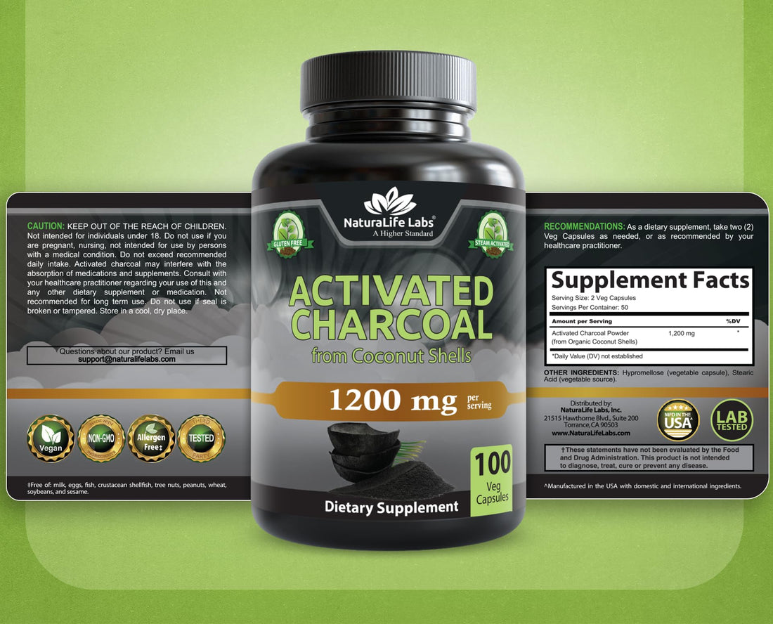 NaturaLife Labs Activated Charcoal 1200 mg per Serving – from Coconut Shells – 100 Veg Capsules – Non-GMO, Gluten-Free, Vegan - PrimeBioHealth - canada supplements