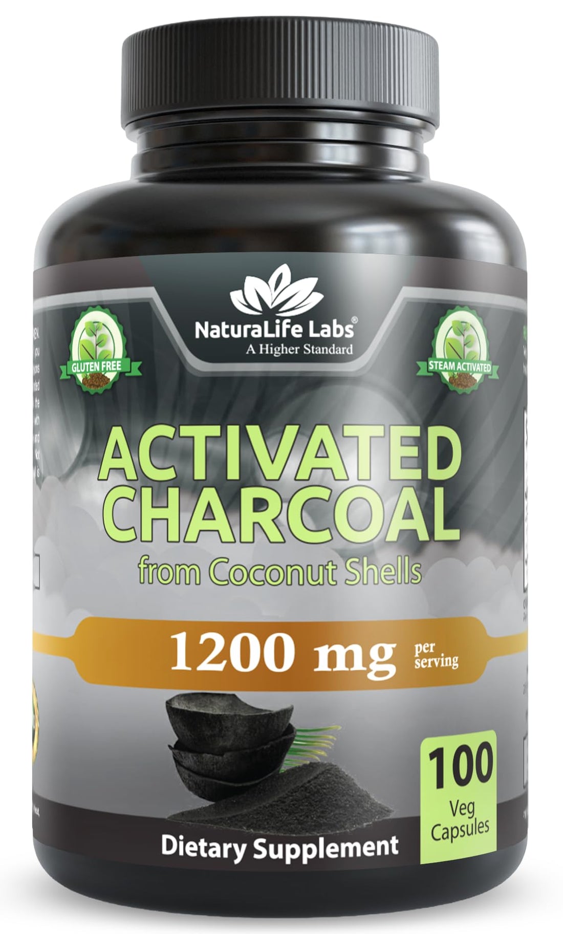 NaturaLife Labs Activated Charcoal 1200 mg per Serving – from Coconut Shells – 100 Veg Capsules – Non-GMO, Gluten-Free, Vegan - PrimeBioHealth - canada supplements