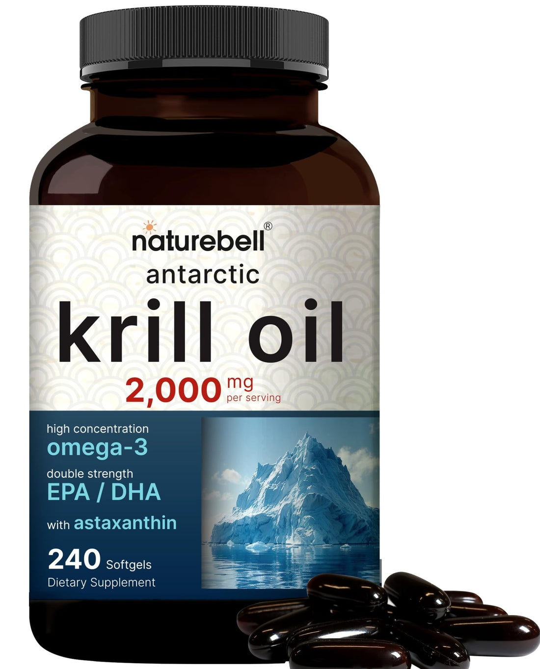 NatureBell Antarctic Krill Oil 2000mg Supplement, 240 Softgels, 3X Strength Natural Source of Omega-3s, EPA 240mg + DHA 160mg + Astaxanthin 800mcg - PrimeBioHealth - canada supplements