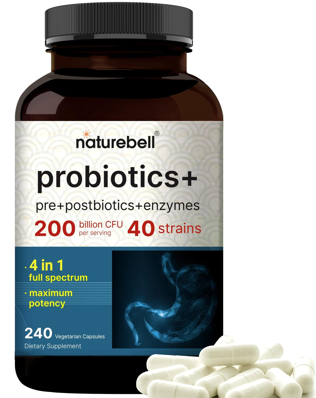 NatureBell Probiotic 200 Billion CFU – 40 Strains Per Serving | 240 Veggie Capsules with Prebiotics and Probiotics – Full Spectrum Complex with Enzymes - PrimeBioHealth - canada supplements