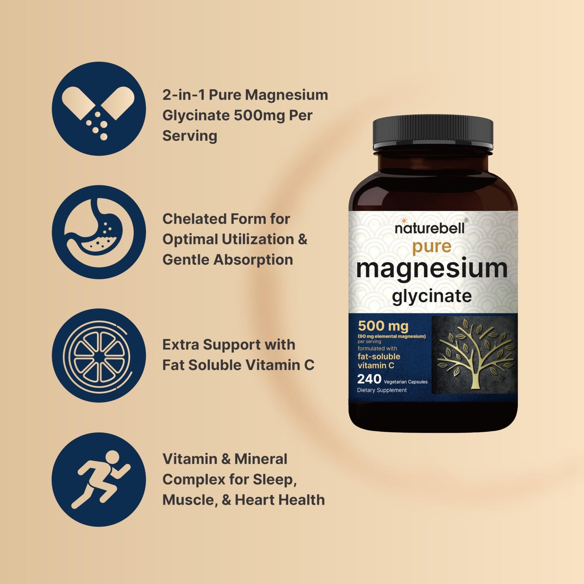 Naturebell Pure Magnesium Glycinate 500mg, 240 Veggie Capsules | 100% Chelated & Purified – 3rd Party Tested, Vegan Friendly, Non-GMO, Filler Free - PrimeBioHealth - canada supplements