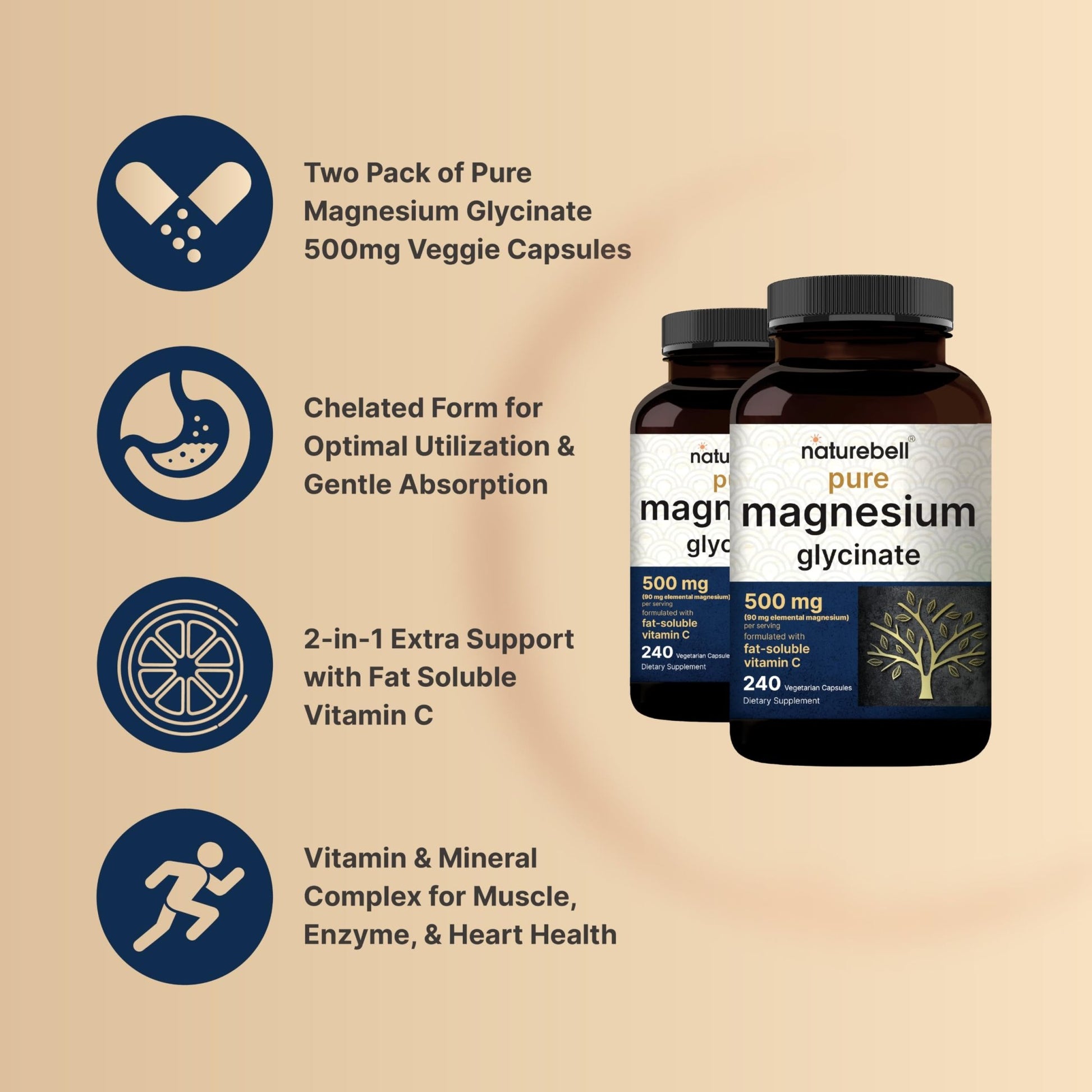 Naturebell Pure Magnesium Glycinate 500mg, 240 Veggie Capsules | 100% Chelated & Purified – 3rd Party Tested, Vegan Friendly, Non-GMO, Filler Free - PrimeBioHealth - canada supplements
