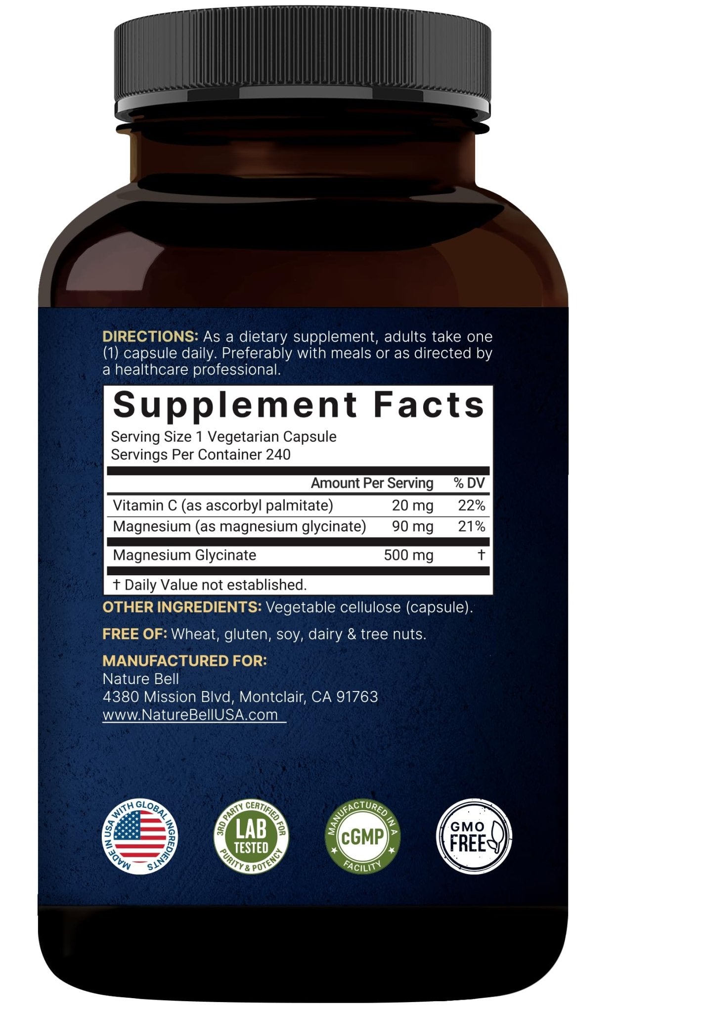 Naturebell Pure Magnesium Glycinate 500mg, 240 Veggie Capsules | 100% Chelated & Purified – 3rd Party Tested, Vegan Friendly, Non-GMO, Filler Free - PrimeBioHealth - canada supplements