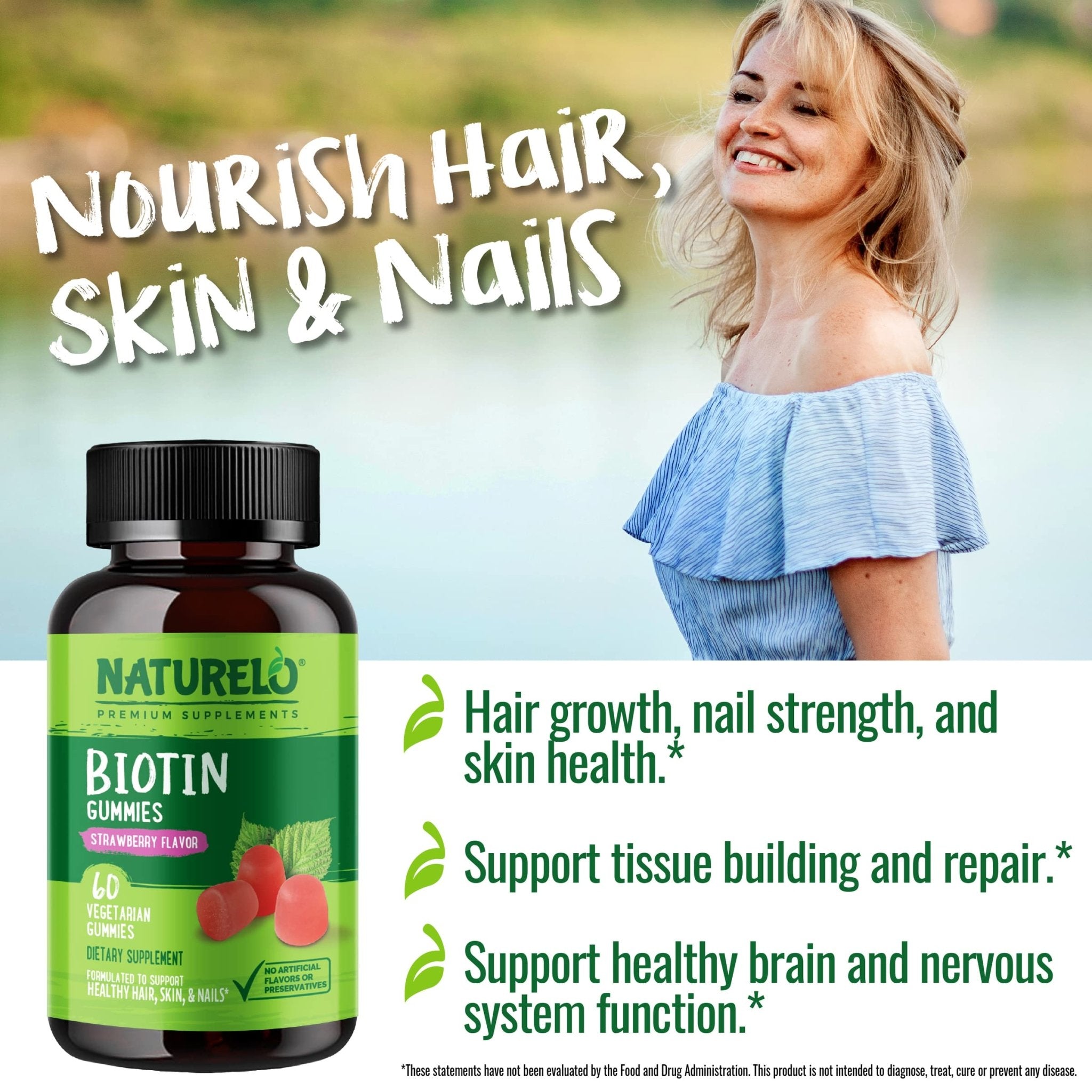 NATURELO Biotin Gummies - Supports Healthy Hair, Skin & Nails - High Potency 2500 mcg - Non GMO, Gluten Free - 60 Gummies - PrimeBioHealth - canada supplements