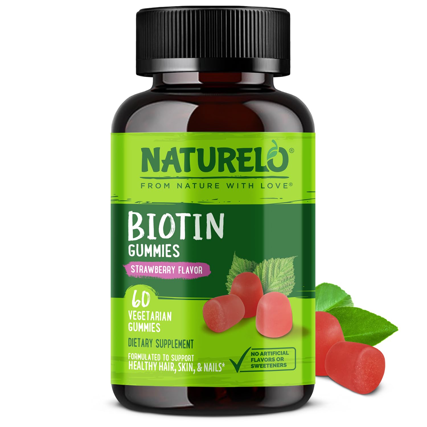 NATURELO Biotin Gummies - Supports Healthy Hair, Skin & Nails - High Potency 2500 mcg - Non GMO, Gluten Free - 60 Gummies - PrimeBioHealth - canada supplements